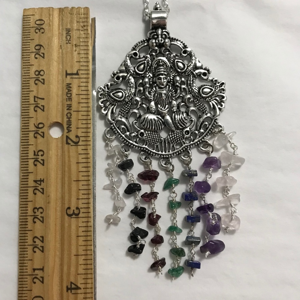 Dancing Shiva Handmade 2-Layer Boho Hindu Silver Necklace Rainbow Chakra Stones - Picture 14 of 16